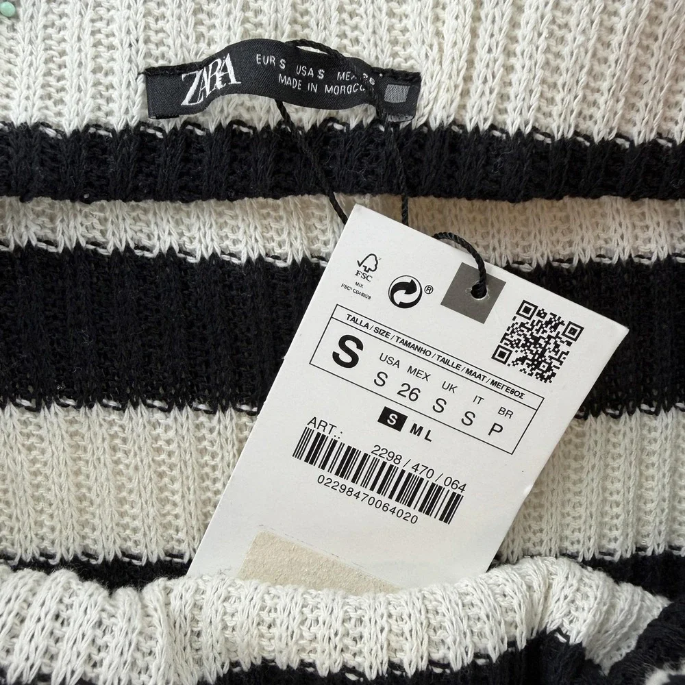 Zara Skirt Womens Small Black White Striped Rib Knit Midi Pencil Boho‎ Long NWT